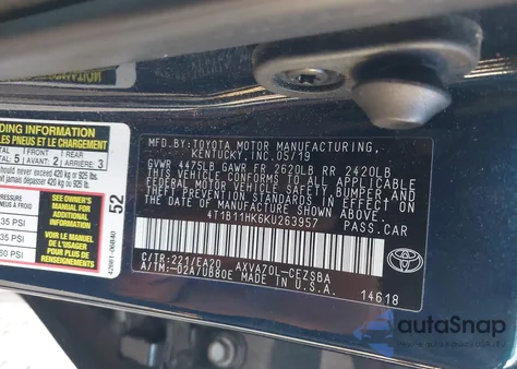 2019 Toyota Camry Se z USA, uszkodzony, nr VIN 4T1B11HK6KU263957